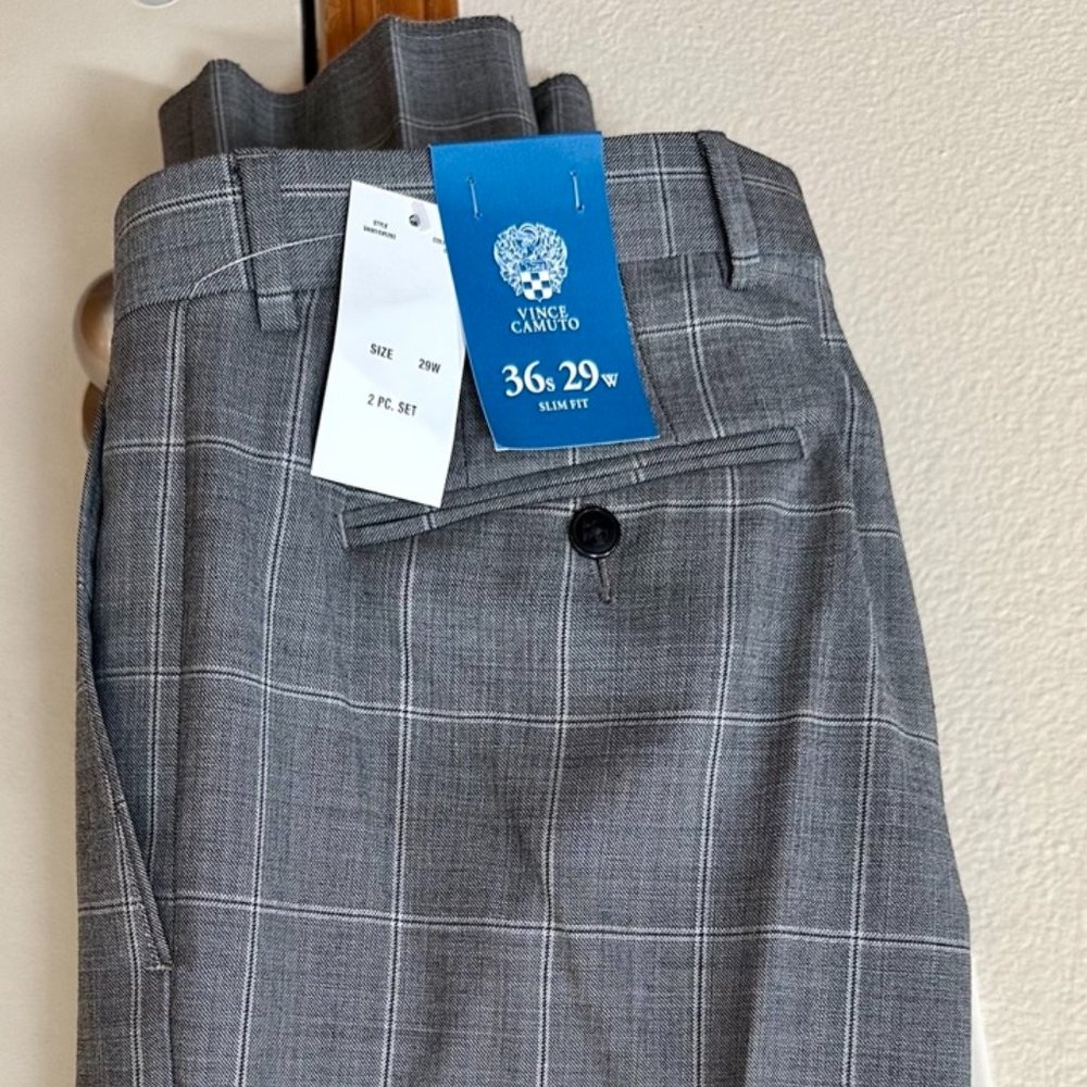 VINCE CAMUTO Mens Gray Plaid Slim Fit Suit 2 piece VA001SV5293 Size 36s 29W - Picture 2 of 5